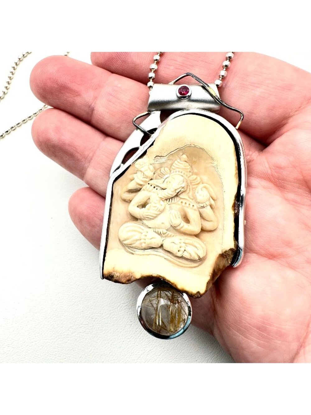 Vintage Artisan 18K Gold Sterling Silver Carved Pendant Quartz Ruby Gemstones